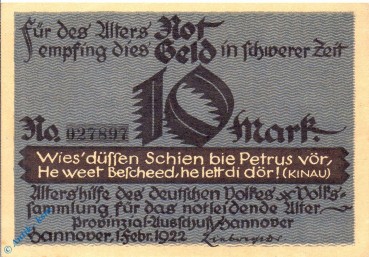 Notgeld Hannover , Altershilfe , 10 Mark Schein Pappe , Mehl Grabowski 569.1 a , von 1922 , Niedersachsen Seriennotgeld