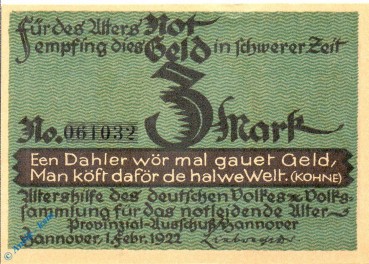 Notgeld Hannover , Altershilfe , 3 Mark Schein Papier , Mehl Grabowski 569.1 c , von 1922 , Niedersachsen Seriennotgeld