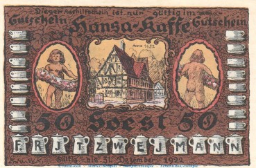 Notgeld Soest , Hansa Kaffee , 50 Pfennig Schein Nr 1 , Mehl Grabowski 1232.1 , Westfalen Serien Notgeld