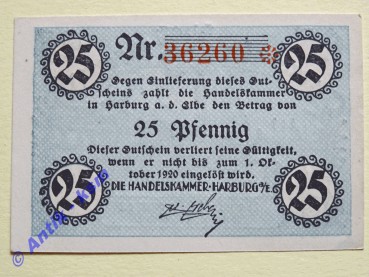 Notgeld Harburg , Niedersachsen Hamburg , Einzelschein über 25 Pfennig , Tieste 2805.01 , von 1920 , Verkehrsausgabe