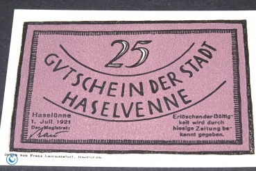 Notgeld Haselünne , 25 Pfennig Schein , Mehl Grabowski 583.1 e , von 1921 , Niedersachsen Seriennotgeld