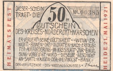 Notgeld Heimatfest Norder Dithmarschen 983.3 , 50 Pfennig Schein in kfr. o.D. Schleswig Holstein Seriennotgeld