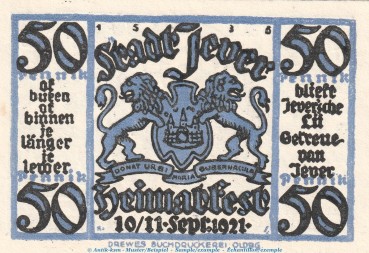 Preview: Notgeld Heimatverein Jever 661.1 , 50 Pfennig Schein Nr.2 in kfr. von 1921 , Niedersachsen Seriennotgeld