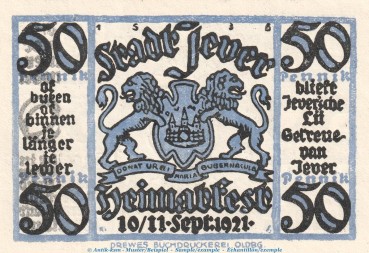 Preview: Notgeld Heimatverein Jever 661.1 , 50 Pfennig Schein Nr.3 in kfr. von 1921 , Niedersachsen Seriennotgeld
