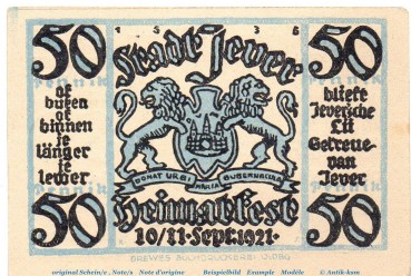 Preview: Notgeld Heimatverein Jever 661.3 , 50 Pfennig Schein Nr 1 in kfr. von 1921 , Niedersachsen Seriennotgeld