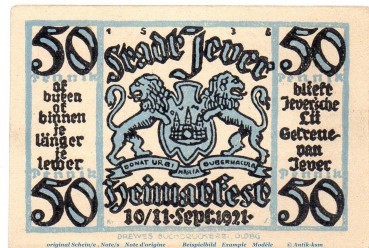 Preview: Notgeld Heimatverein Jever 661.3 , 50 Pfennig Schein Nr 2 in kfr. von 1921 , Niedersachsen Seriennotgeld