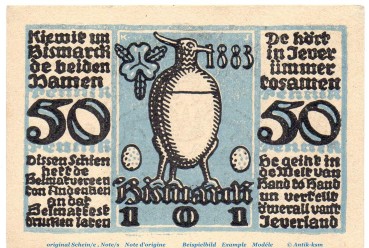 Notgeld Heimatverein Jever 661.3 , 50 Pfennig Schein Nr 3 in kfr. von 1921 , Niedersachsen Seriennotgeld