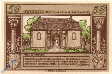 Notgeld Heisterbach , 50 Pfennig Schein Nr 1 , Mehl Grabowski 593.2 , von 1921 , Westfalen Serien Notgeld