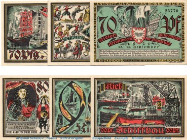 Notgeld Herbstwoche Kiel 696.1 , Set mit 6 Scheinen in kfr. von 1921 , Schleswig Holstein Seriennotgeld