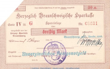 Notgeld Herz. Sparkasse Braunschweig , 30 Mark Schein in kfr.E Geiger 058... von 1918 , Niedersachsen Grossnotgeld