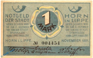 Preview: Notgeld Horn , 1 Mark Schein o. Textfeld in kfr. Mehl Grabowski 629.2.c , von 1921 , Westfalen Seriennotgeld