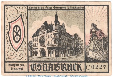 Preview: Notgeld Hotel Germania Osnabrück 1030.1 , 50 Pfennig Schein -C- in kfr. o.D. Niedersachsen Seriennotgeld