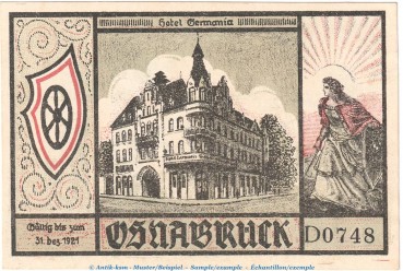 Notgeld Hotel Germania Osnabrück 1030.1 , 75 Pfennig Schein -D- in kfr. o.D. Niedersachsen Seriennotgeld