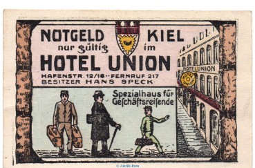 Preview: Notgeld Hotel Union Kiel 693.1.b , 50 Pfennig Schein in kfr. o.D. Schleswig Holstein Seriennotgeld
