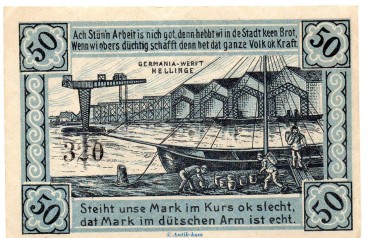 Preview: Notgeld Hotel Union Kiel 693.2 , 50 Pfennig Germania Werft in kfr. o.D. Schleswig Holstein Seriennotgeld