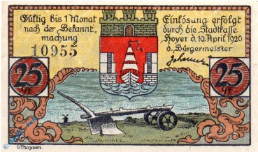 Notgeld Hoyer , 25 Pfennig Schein , verschl. Kreise , Mehl Grabowski 633.3 , von 1922 , dänisch Nordschleswig Seriennotgeld