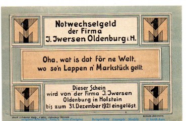 Notgeld J, Iwersen Oldenburg 1014.1.b , 1 Mark Schein in kfr. von 1921 , Schleswig Holstein Seriennotgeld