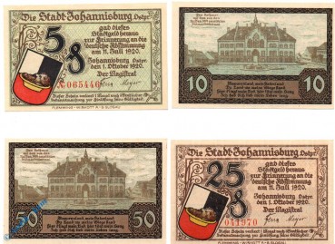 Notgeld Johannisburg , Set mit 4 Scheinen in kfr. Mehl Grabowski 662.1 , von 1920 , Ostpreussen Seriennotgeld