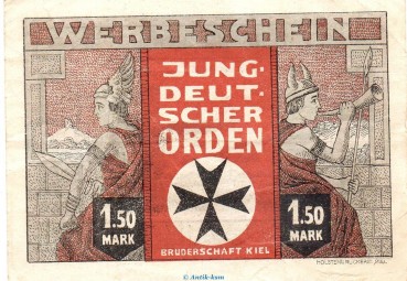 Notgeld Jungdeutscher Orden Kiel 694.1 , 1,50 Mark Schein in gbr. o.D. Schleswig Holstein Seriennotgeld