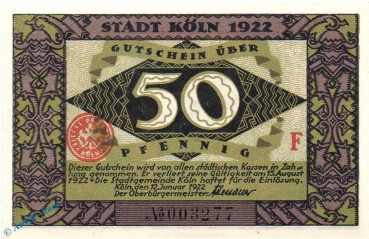 Preview: Notgeld Köln , 50 Pfennig Schein F in kfr. Mehl Grabowski 717.2 , von 1922 , Westfalen Seriennotgeld