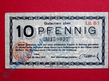 Notgeld Köln , Cöln , Einzelschein über 10 Pfennig , Tieste 3565.01 , von 1917 , Rheinland Verkehrsausgabe