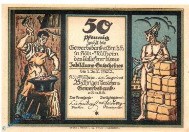 Notgeld Köln Mühlheim , 50 Pfennig Schein in kfr. Mehl Grabowski 720.1 , Westfalen Seriennotgeld