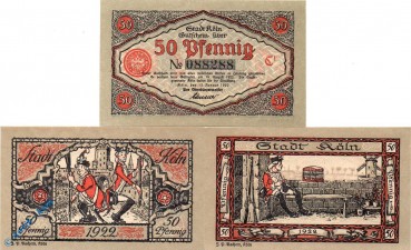 Notgeld Köln , Set mit 3 Scheinen in kfr. Mehl Grabowski 717.1 , von 1922 , Westfalen Serien Notgeld