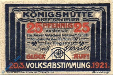 Notgeld Königshütte , 25 Pfennig Schein , Mehl Grabowski 726.1 a , von 1921 , Oberschlesien Seriennotgeld
