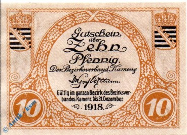 Notgeld Kamenz , 10 Pfennig Schein - 1918 , Tieste 3355.05.01 , von 1917 , Sachsen Verkehrsausgabe