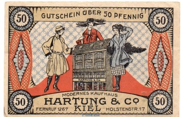 Preview: Notgeld Kaufhaus Hartung Kiel 695.1 , 50 Pfennig Schein in gbr. von 1919 Schleswig Holstein Seriennotgeld