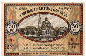Preview: Notgeld Kaufhaus Hartung Kiel 695.1 , 50 Pfennig Schein in kfr. von 1919 Schleswig Holstein Seriennotgeld