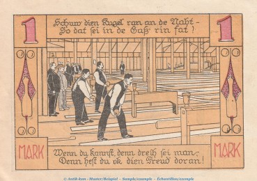 Notgeld Keglerverband Wismar 1437.1 , 1 Mark Schein in kfr. von 1921 , Mecklenburg Vorpommern Seriennotgeld