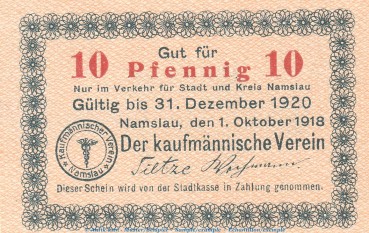 Notgeld Kfm. Verein Namslau , 10 Pfennig Schein in kfr. Tieste 4755.02.20 von 1918 , Schlesien Verkehrsausgabe