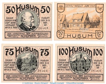 Notgeld Kleinsiedlung Husum 640.1 , Set mit 4 Scheinen in kfr. von 1921 , Schleswig Holstein Seriennotgeld