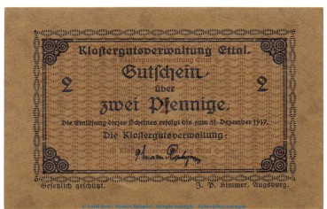 Notgeld Klostergut Ettal 1810.05.16 , 2 Pfennig --geflecktes Papier-- in kfr. o.D. Bayern Verkehrsausgabe