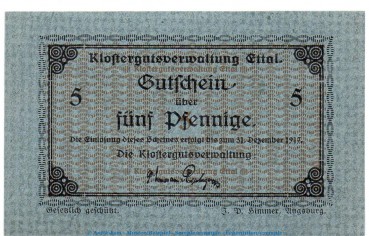Notgeld Klostergut Ettal 1810.05.35 , 5 Pfennig Schein in kfr. o.D. Bayern Verkehrsausgabe