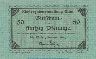 Notgeld Klostergut Ettal 1810.05.38 , 50 Pfennig Schein in kfr. o.D. Bayern Verkehrsausgabe