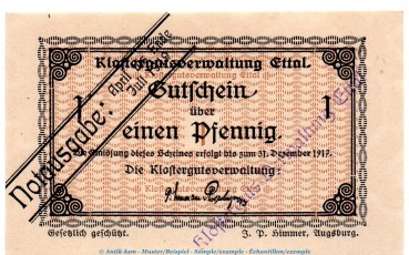 Ettal , Notgeld 1 Pfennig Schein in kfr. Tieste 1810.05.60 , Bayern o.D. Verkehrsausgabe