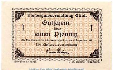 Notgeld Klostergut Ettal 1810.05.85 , 1 Pfennig --Wz. rheinische Wellen-- in kfr. o.D. Bayern Verkehrsausgabe