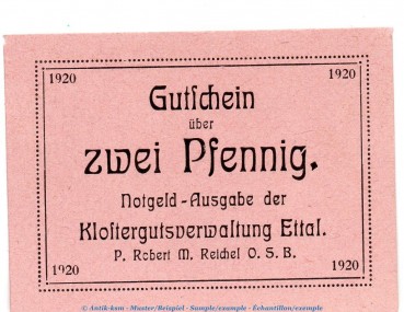 Notgeld Klostergut Ettal 1810.05.96 , 2 Pfennig Schein in kfr. von 1920 , Bayern Verkehrsausgabe