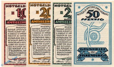 Notgeld Koberg , Karten und Grundrisse , Set mit 4 Scheinen in kfr. Mehl Grabowski 713.3 , von 1921 , Schleswig Holstein Seriennotgeld