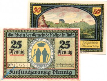 Notgeld Kröpla , Set mit 2 Scheinen , Mehl Grabowski 745.1 , von 1921 , Thüringen Seriennotgeld