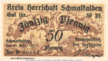 Notgeld Kreis Herrschaft Schmalkalden , 50 Pfennig Ser. B in kfr. von 1917 , Hessen Verkehrsausgabe