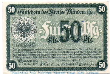 Notgeld Kreis Minden 4575.05.03 , 50 Pfennig Schein in kfr. von 1917 , Westfalen Verkehrsausgabe