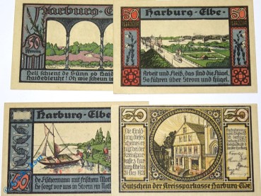 Notgeld Kreissparkasse Harburg , Niedersachsen Hamburg , kompletter Satz mit 4 Scheinen in kassenfrischer Erhaltung , Seriennotgeld , 580.1 , von 1921