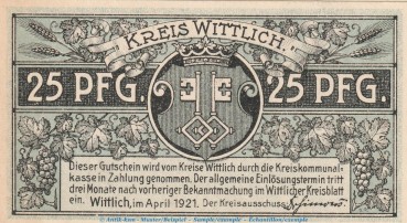 Notgeld Kreis Wittlich 25 Pfennig Schein -blau- in kfr. Tieste 8030.10.25 von 1921 , Rheinland Verkehrsausgabe