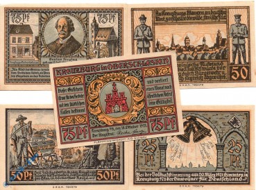 Notgeld Kreuzburg , Set mit 5 Scheinen kfr. Mehl Grabowski 744.2 , von 1921 , Oberschlesien Seriennotgeld