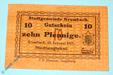 Notgeld Krumbach , 10 Pfennig Schein quadrilliert , Tieste 3745.05.06 , von 1917 , Bayern Verkehrsausgabe