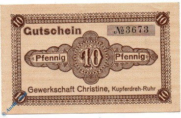 Notgeld Kupferdreh , Gewerkschaft Christine , 10 Pfennig Schein , Tieste 3770.10.01 , Rheinland Verkehrsausgabe