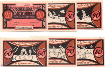 Notgeld Kurzenmoor , Set mit 6 Scheinen in kfr. Mehl Grabowski 751.1 , von 1921 , Schleswig Holstein Seriennotgeld